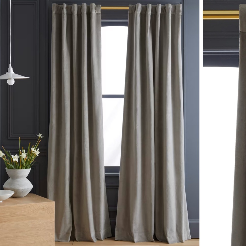 NWOT QUINCE 48x108 Cotton Velvet Room Darkening Curtain Light Grey 0620
